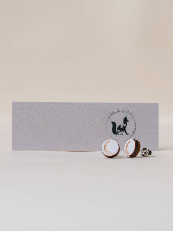 Birch Wood Stud Earrings - Crescent Moon for wholesale by Fox and Fiddle Designs