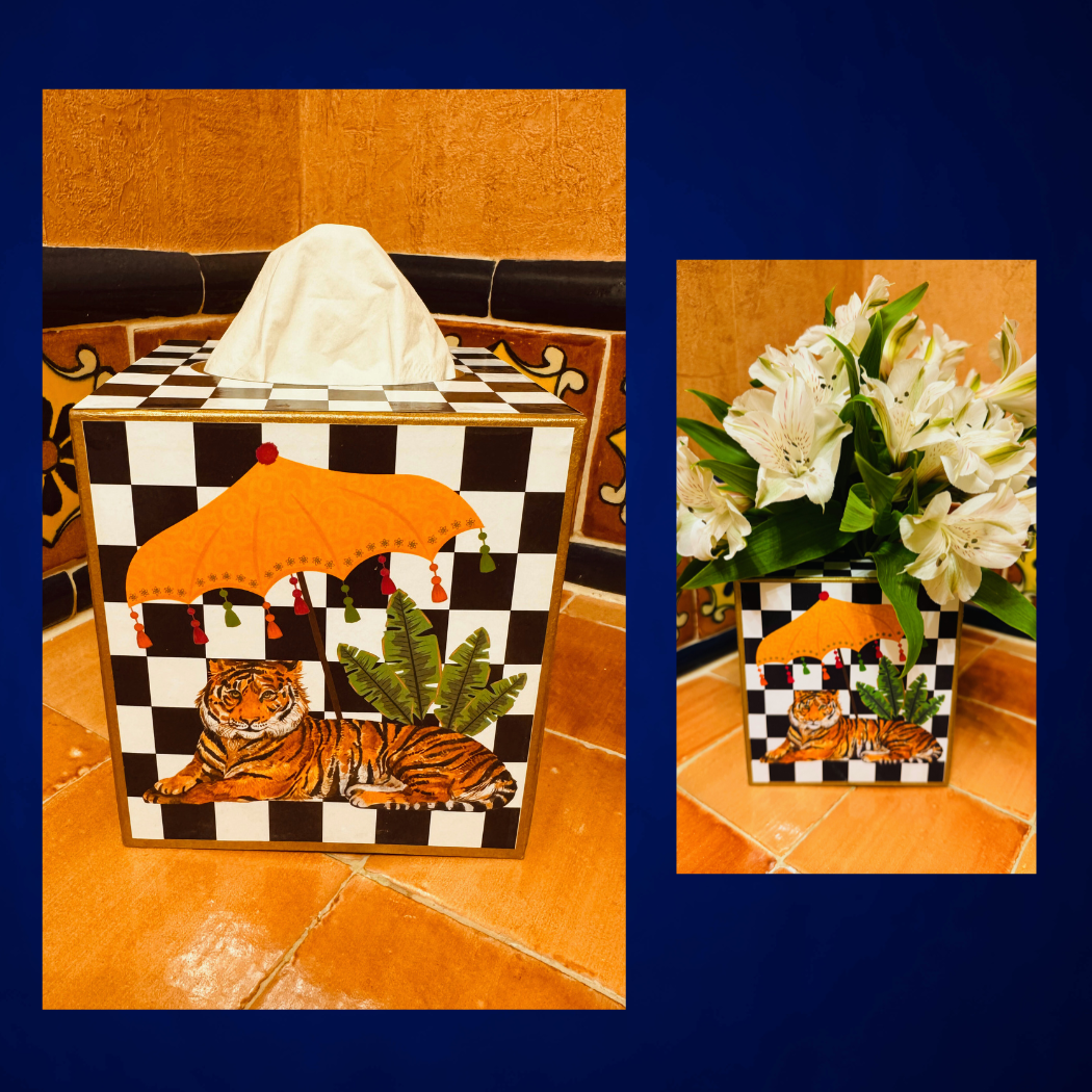TOPICS IN THE TROPICS - Wholesale Tissue Box - Paper Mache Kleenex Box with tiger with an umbrella design1