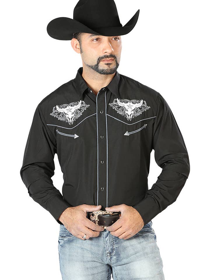 El Señor de los Cielos Broderskjorta Svart/vit 126676 för wholesale av El General Western Wear