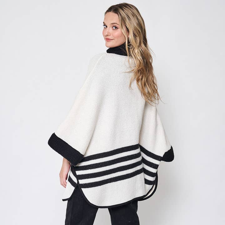 Sensibling Corp. - Wholesale Poncho - Women's - Sporty Bordered Zip Up Knit Cape Poncho10