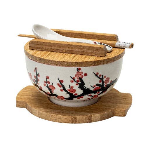 Ume Plum Blossoms 28oz 6"D Bowl With Chopsticks, Spoon Bamboo Lid and Trivet Set (1/8) for wholesale by Urban Tokyo