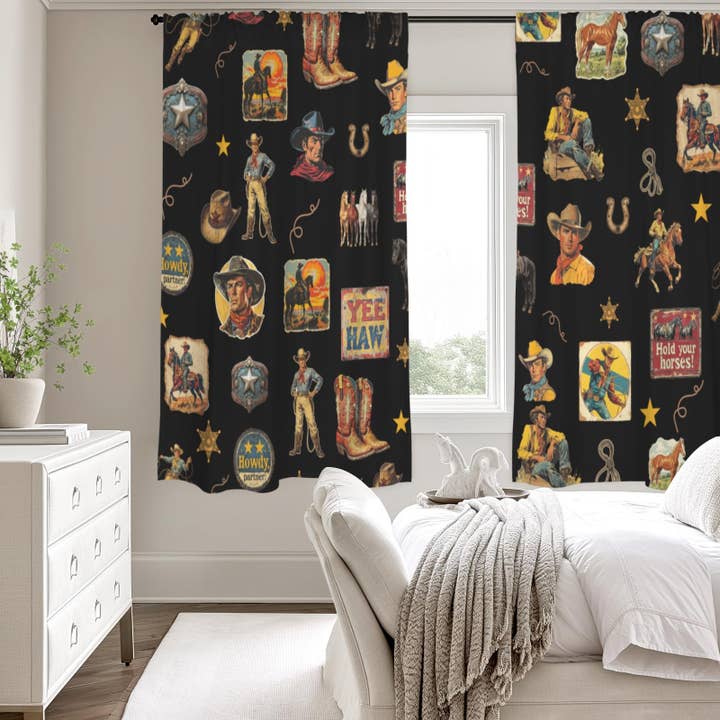 Vintage Cowboy Collage Western Curtains 52" x 63" Made in America for wholesale by BAHA RANCH WESTERN WEAR