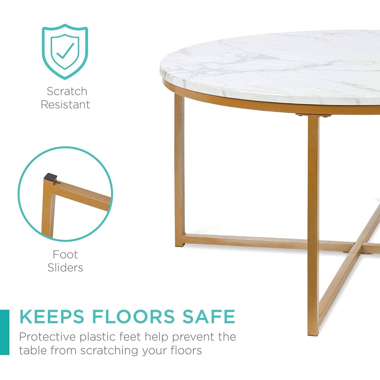 Gold Round Coffee Table With Faux Marble Top Cross Leg Design for wholesale on Faire4