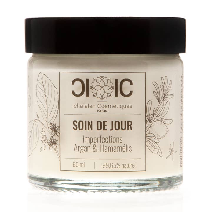 SOIN DE JOUR IMPERFECTIONS " Argan & Hamamélis " pour la vente par ICParis ( Ichalalen cosmétiques Paris)