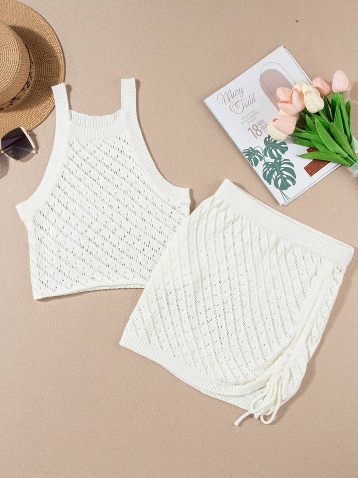 White Hollowed Crochet Cropped 2 Piece Beach Dress for wholesale on Faire