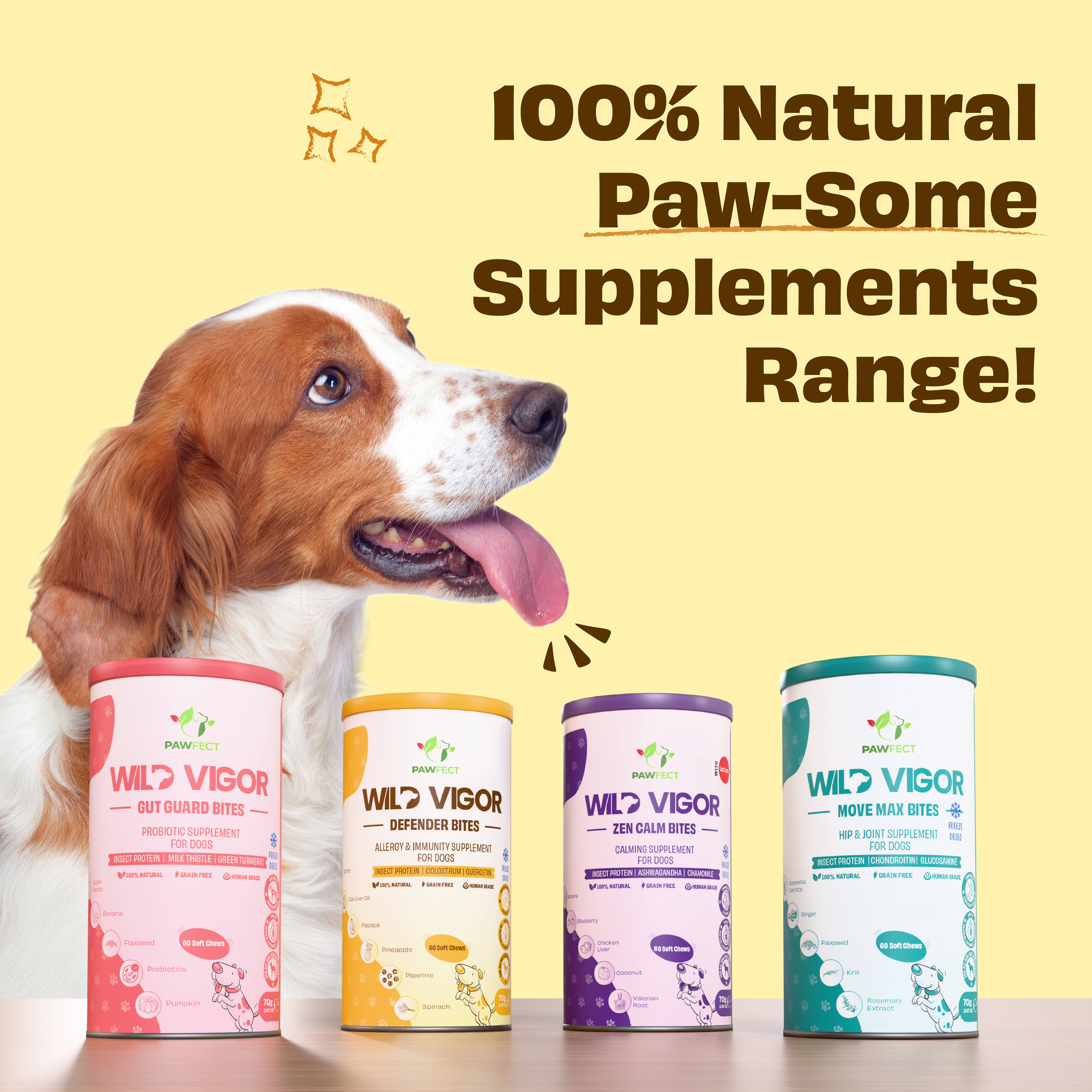 Pawfect Foods - Venta al por mayor Suplemento - Perros - Pawfect Wild Vigor Defender Bites | Suplemento para Alergias e Inmunidad para Perros | Refuerzo de Omega 3 | 100% Natural | Sin Cereales | Enriquecido con Proteína de Insecto, Calostro, Quercetina y Biotina (70g/2.46oz)6