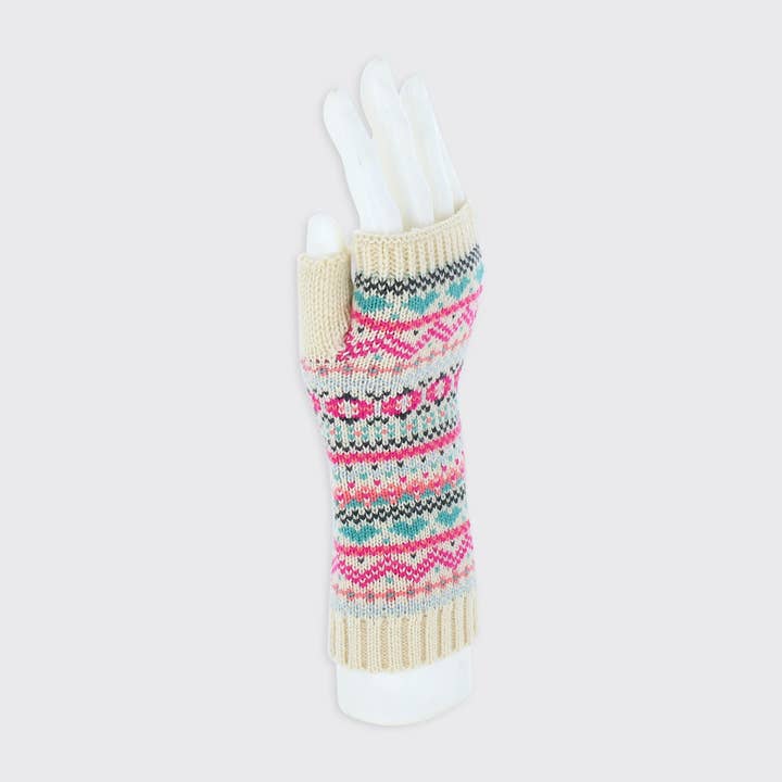 Forever England / Millie Mae – wholesale Gloves – Women's – Thea Fairisle Fingerless Gloves - Cream / Pink1