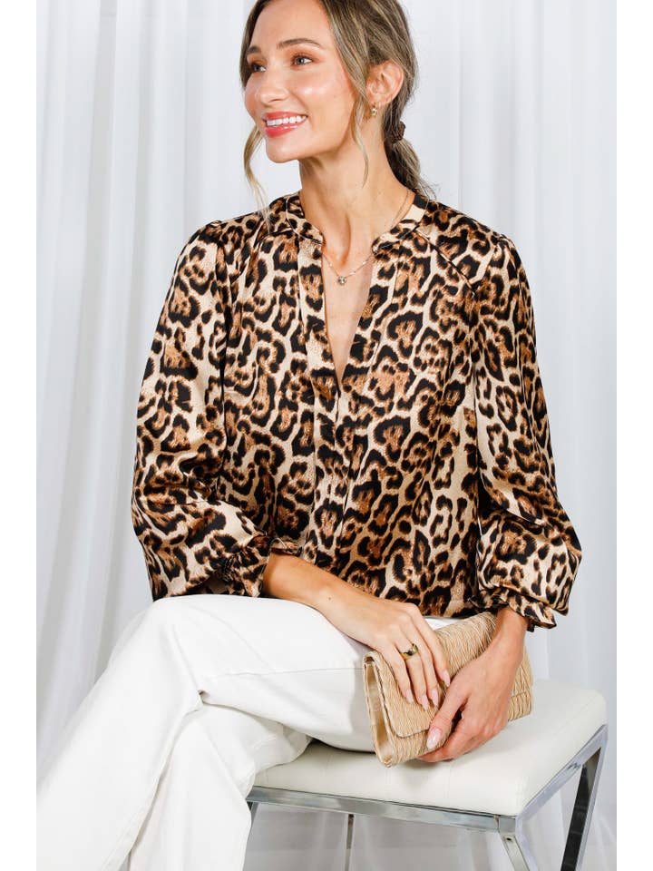 Brown Henley Neck Smocking Detail Leopard Print Blouse TopVT31377T for wholesale on Faire