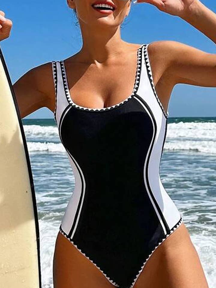 Black Color Block Ric Rac Trim U Neck One Piece Swimsuit for wholesale on Faire
