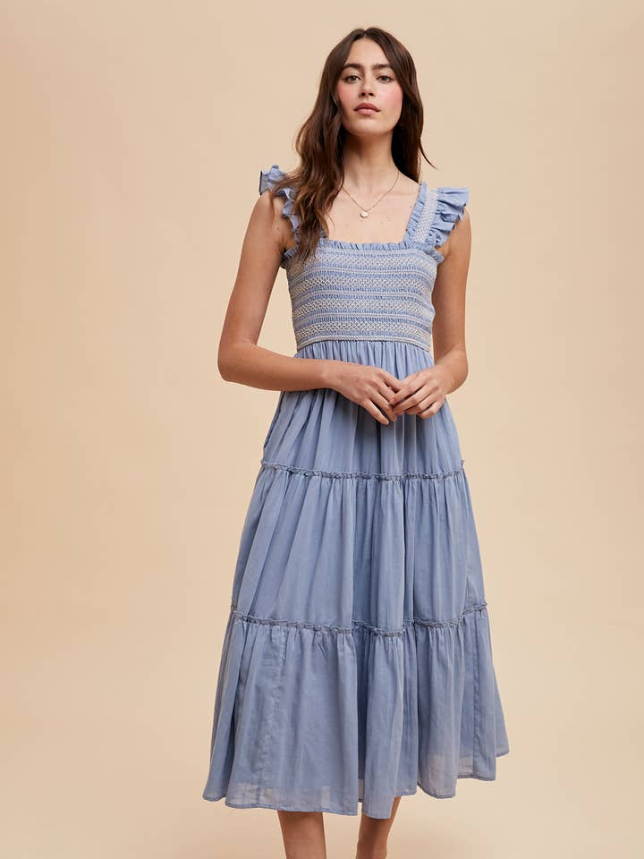 In Loom - Wholesale Dress - Women's - CONTRAST STITCHED SMOCKED MAXI DRESS