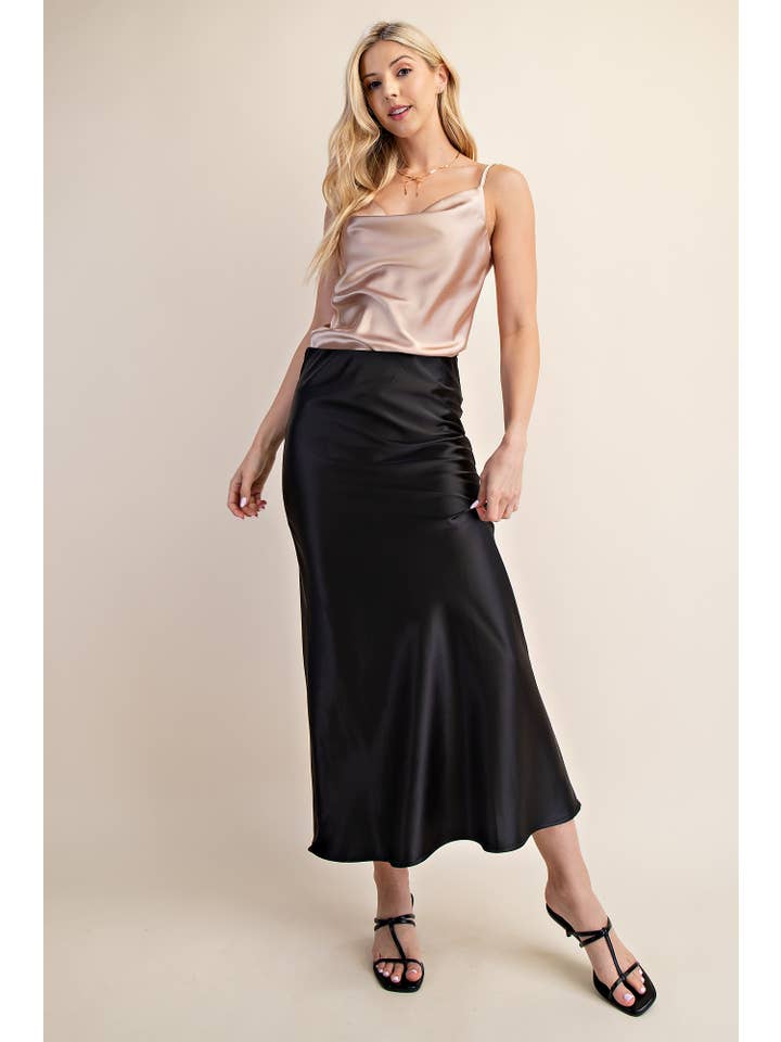 Glam - Wholesale Skirt - Women's - Waist Elastic Band Midi Satin Skirt21
