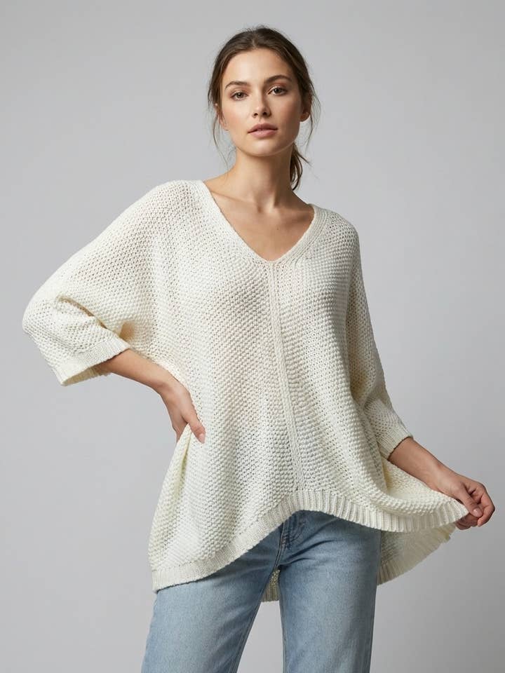 Suéter de tricô largo com decote em U, mangas 3/4 e 15% alpaca por atacado de L'Emotion