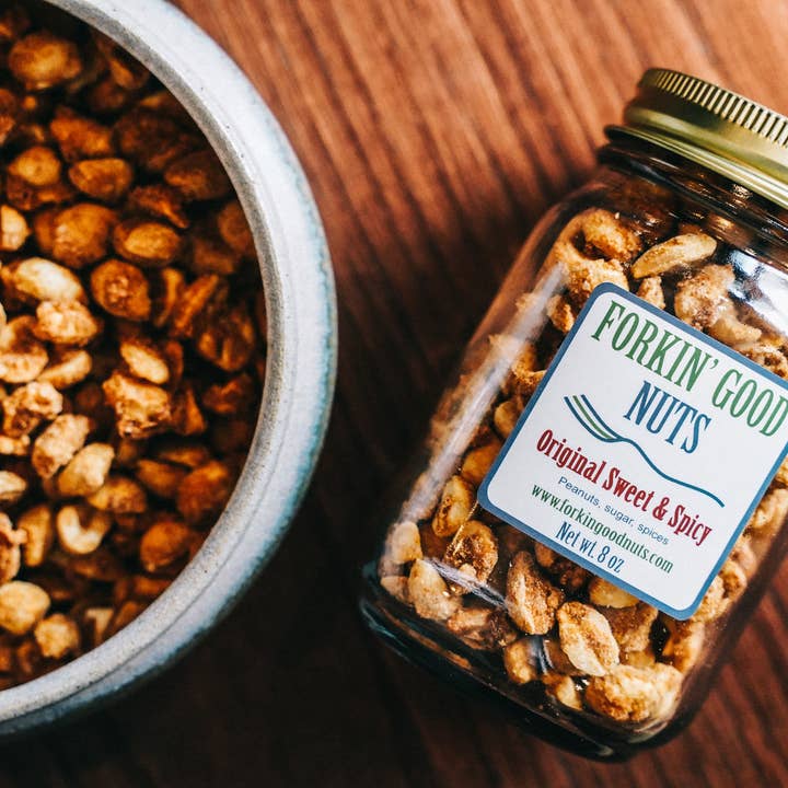 Forkin' Good Nuts - Wholesale Nuts - Original Sweet and Spicy Peanuts 8 oz mason jar