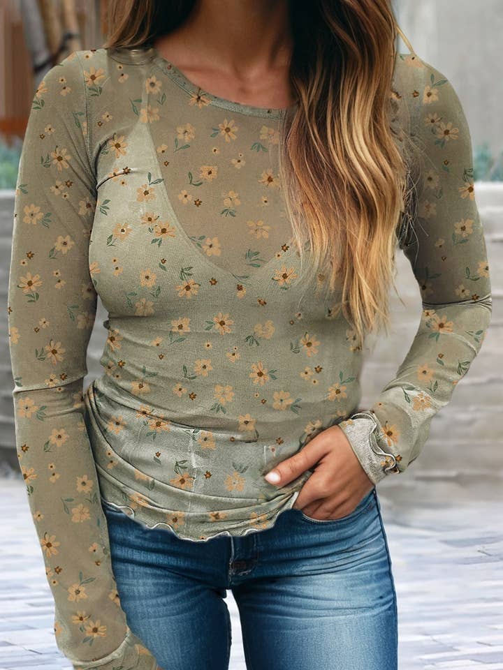 LDC Vintage Floral Print Southern Style Mesh Long Sleeve Top for wholesale by Little Daisy Closet