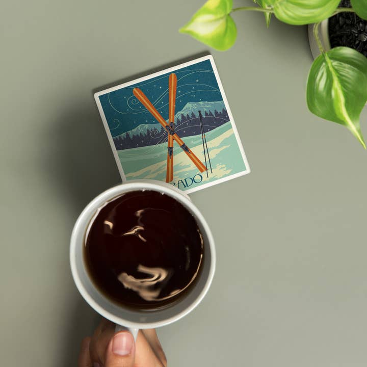 Lantern Press - Wholesale Coasters - CERAMIC COASTER Colorado, Crossed Skis, Letterpress1