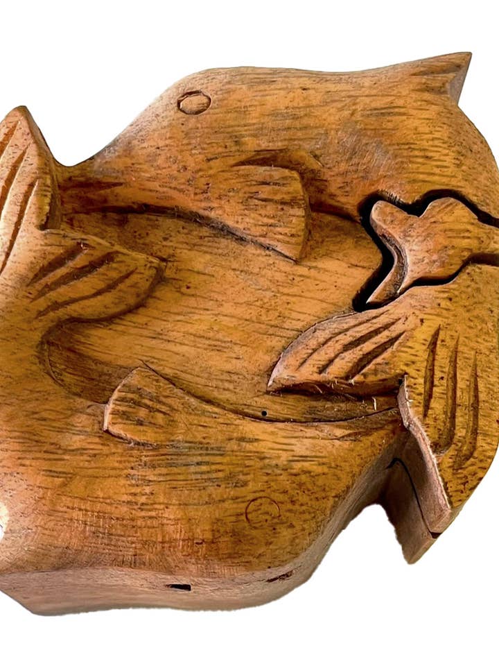 SALE Twin Dolphins Carved Wooden Puzzle Box for wholesale by Yak & Yeti