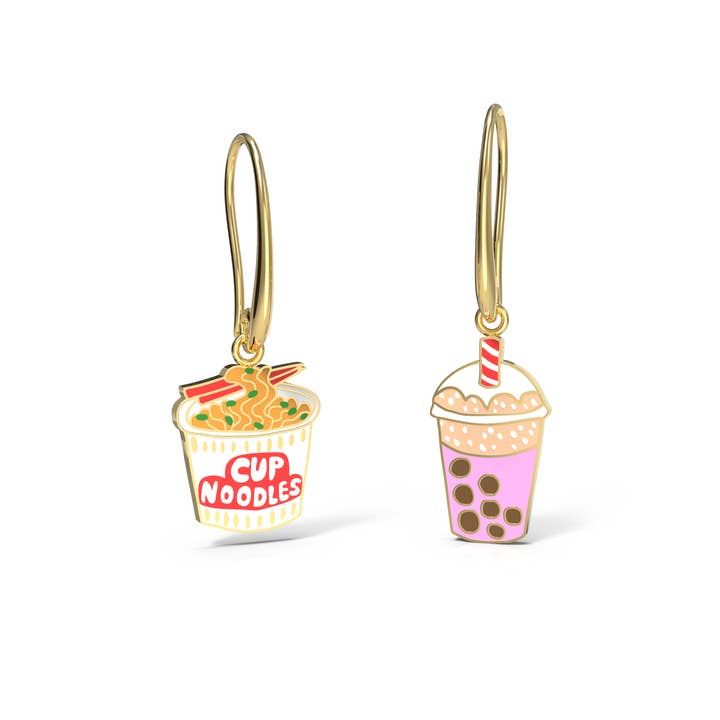 Yellow Owl Workshop - Wholesale Dangle Earrings - Cup Noodle & Boba Earrings - Gold Junk Food Statement