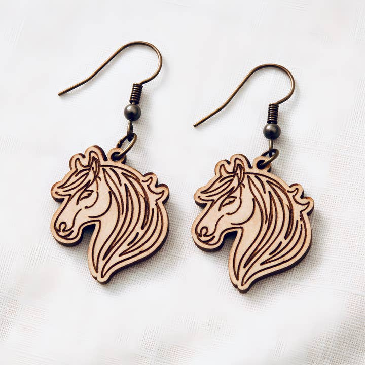 Horse Head Engraved Wood Dangle Earrings© Aurora North Home™ for wholesale by Aurora North Home