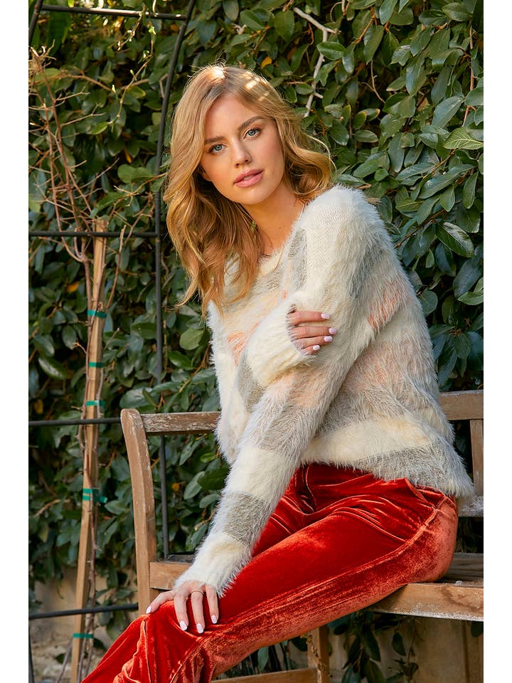 Cream Mix 57608 Fuzzy Multicolor Stripe Sweater for wholesale on Faire