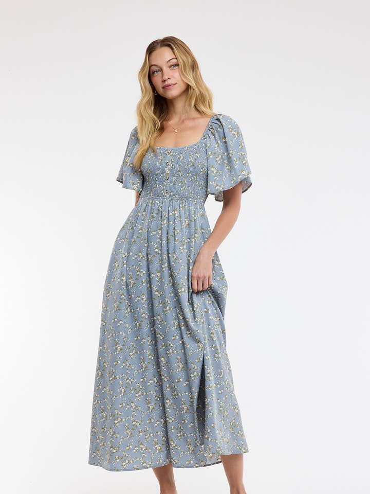 FLORAL FLUTTER SLEEVE MIDI DRESS / WL25-12190 for wholesale by Wishlist Apparel