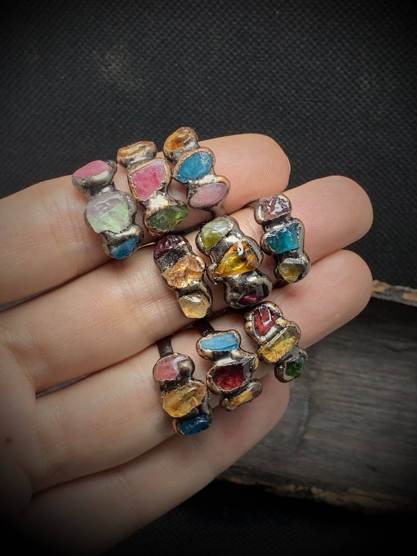mixed color Raw Crystal Trio Adjustable Ring Copper Setting S5P202 for wholesale on Faire