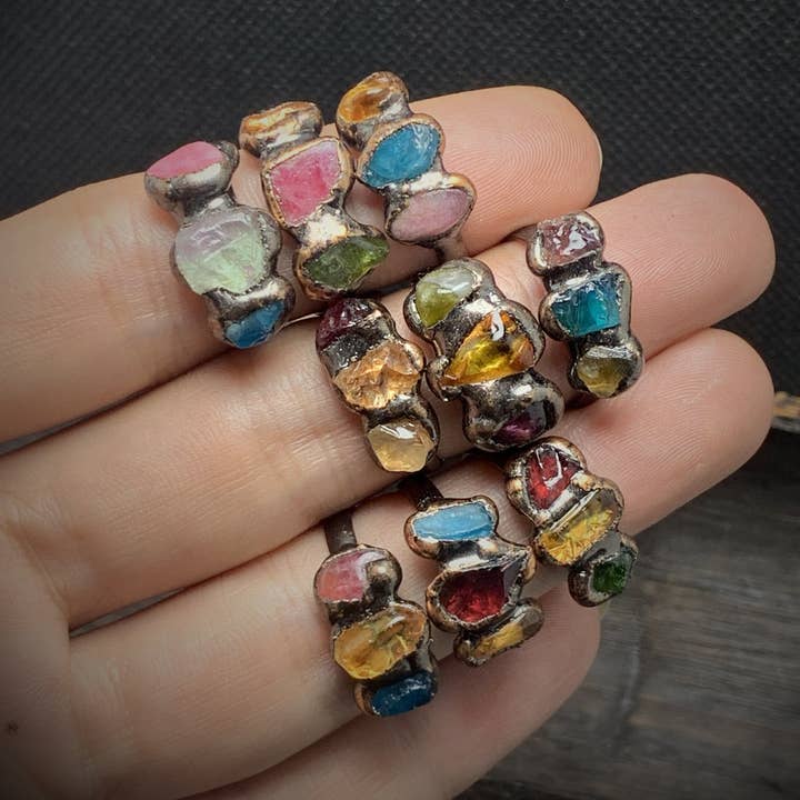mixed color Raw Crystal Trio Adjustable Ring Copper Setting S5P202 for wholesale on Faire0
