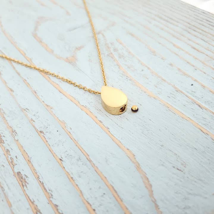 Just Vial - Wholesale Pendant/Charm Necklace - Tiny Gold Tear Drop Cremation Ash Urn Pendant Necklace -Gold Stainless Steel - Pet Remains - Memorial Keepsake - Custom Engraved Gift