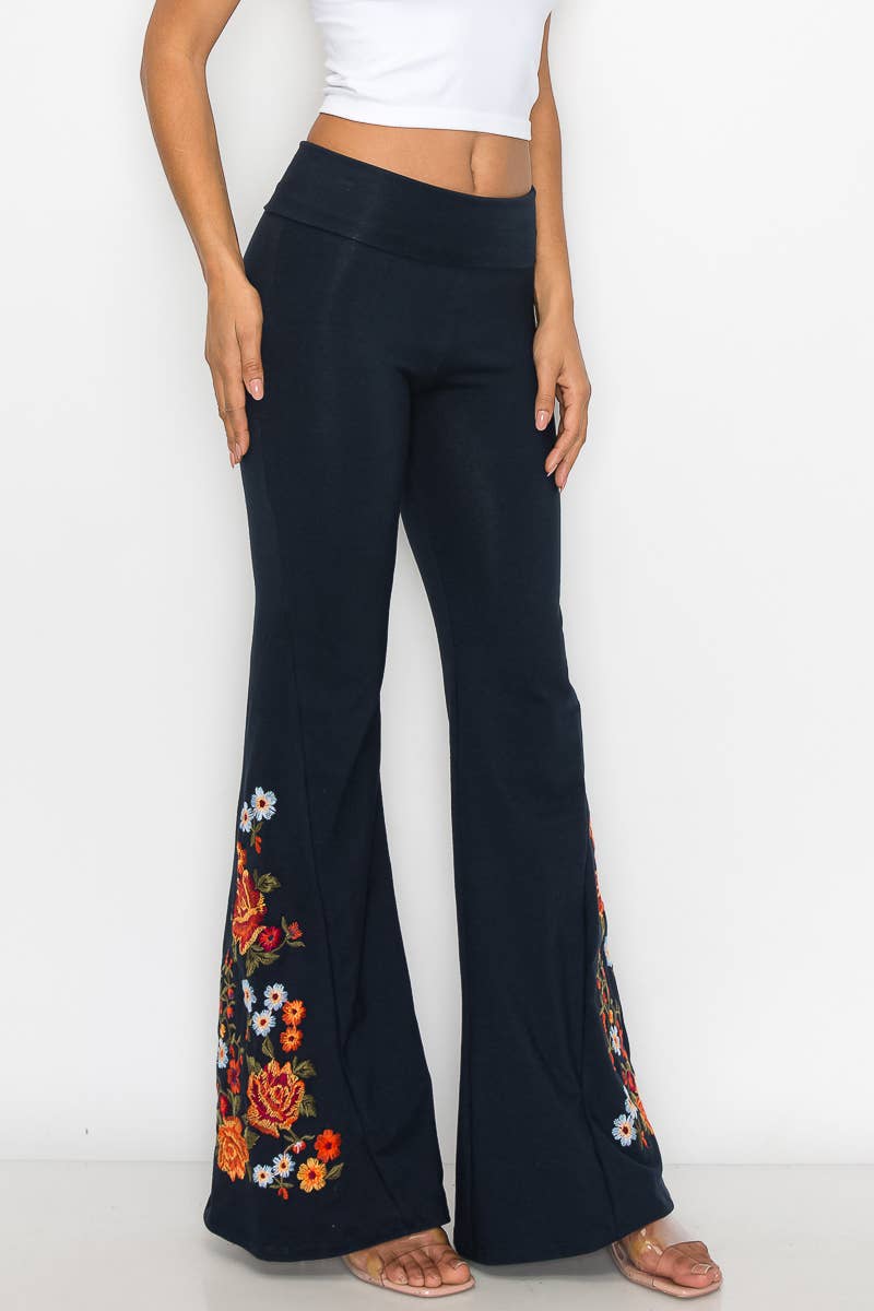 T-Party - Wholesale Pants - Women's - Floral Embroidery Flare Leg Foldover Waist Pants11