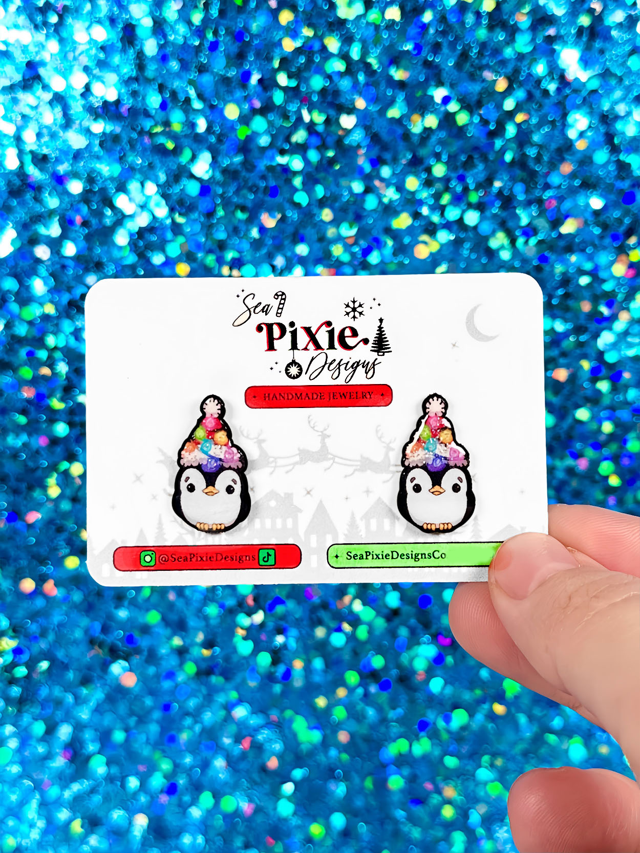 Sea Pixie Designs - Wholesale Stud/Post Earrings - Groovy Glitter Penguin Santa Claus Christmas Stud Earrings0