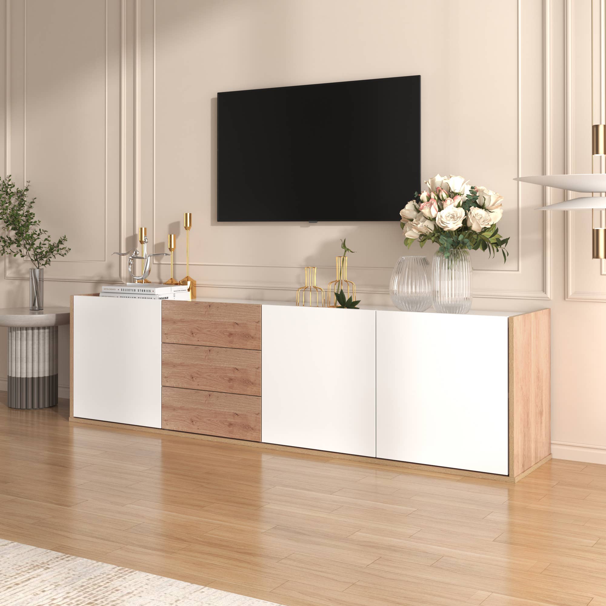 Urban Meuble - Wholesale Console Table - White and wood TV stand with 3 doors and 3 drawers4