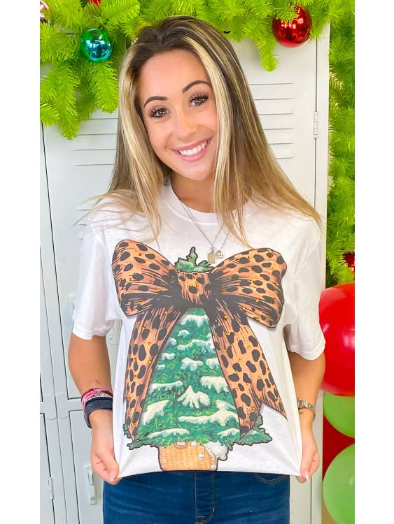 Sugar Stitch - Wholesale T-Shirt (Graphic) - Women's - Christmas Tree Cheetah Bow Rhinestone Graphic T-Shirt