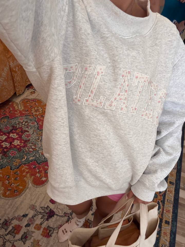 Pearl Grey Mockneck Pilates Embroider Sweatshirt for wholesale on Faire14