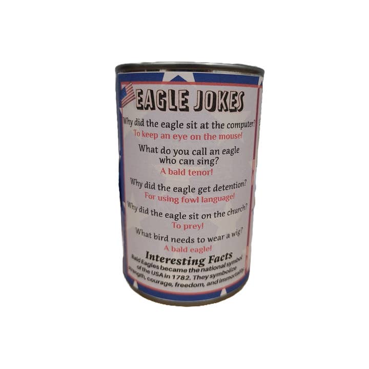 Canned Gifts - Wholesale Stuffed/Plush Toy - Kids & Baby - Canned Bald Eagle w/Jokes Plush Patriotic American Flag USA1