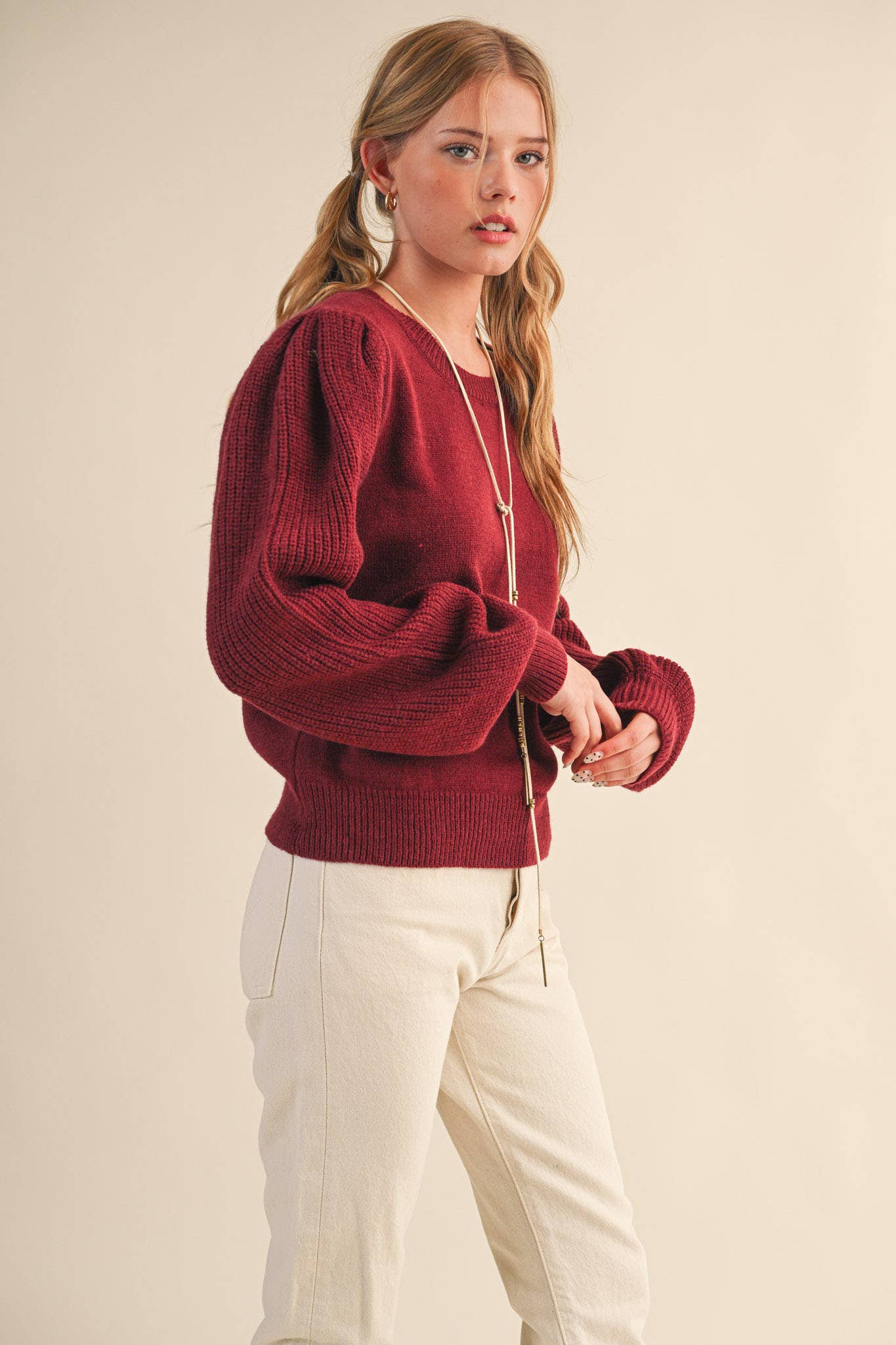 &MERCI - Wholesale Knit Sweater - Women's - RIBBED PUFF SLEEVE SWEATER MSW1095120