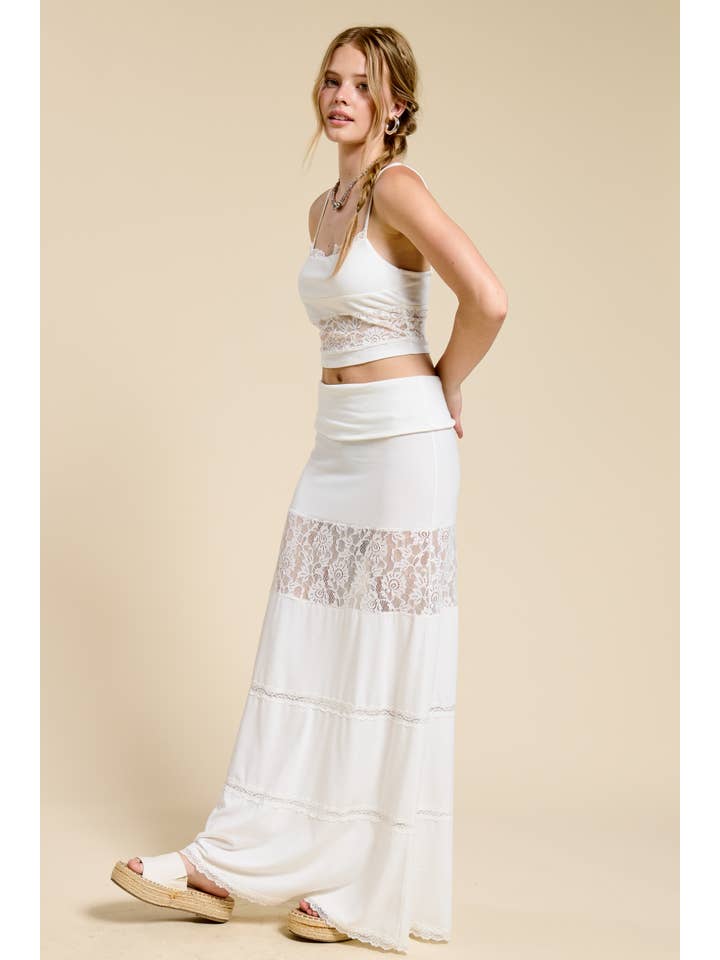 Mimosa - Wholesale Top & Skirt Set - Women's - Lace Contrast Cami and Fold over Maxi Skirt Set3