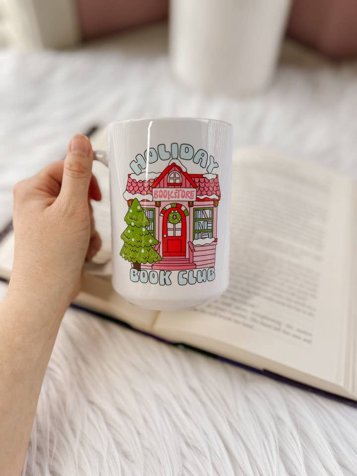 Holiday Book Club 15oz Ceramic Mug for wholesale by The Bookish Bird Co.