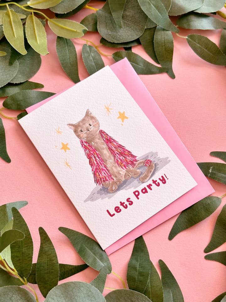 Lets Party Cat Era Birthday Card for wholesale by Just Smile Designs