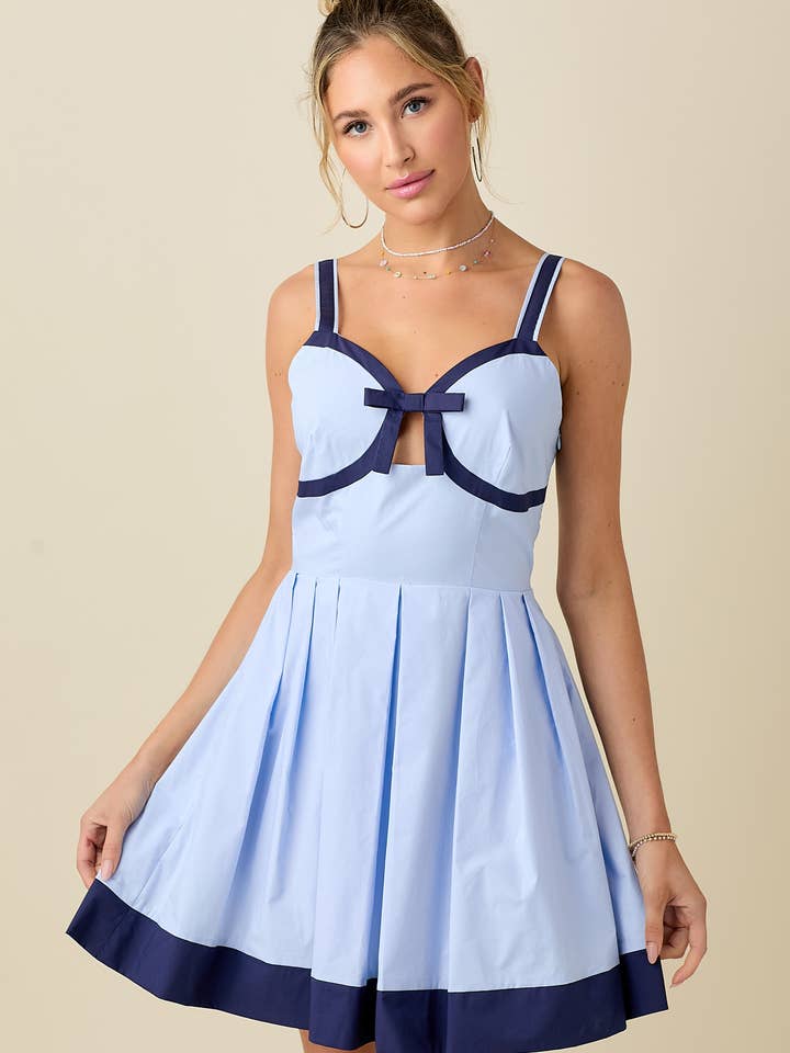 Contrast detailed bow detailed front fit and flare dress for wholesale by BABY PINK