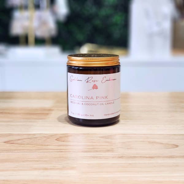 Carolina Pink 7oz Amber Glass Beeswax Candle for wholesale by Golden Rose Embrace