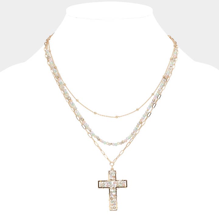 Sensibling Corp. - Wholesale Pendant/Charm Necklace - Faceted Beaded Metal Paperclip Chain Layered Cross Pendant Necklace4