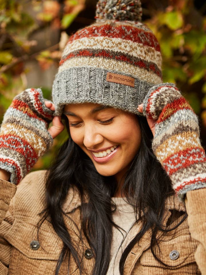 Classic Fairisle Roll Back Bobble Beanie Grey for wholesale by Pachamama Ltd