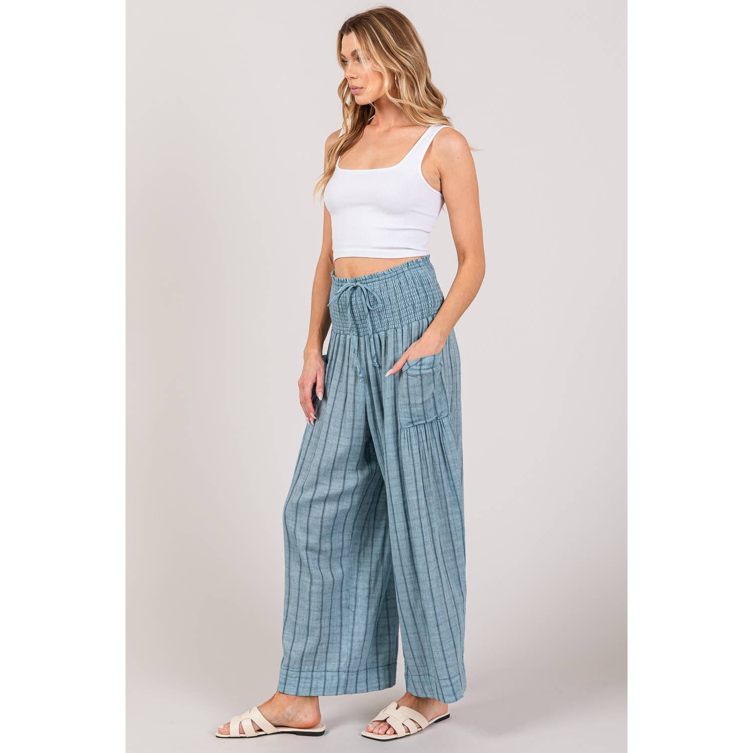 Sage + Fig - Wholesale Pants - Women's - STRIPED SMOCKED BOHO COTTON GAUZE PANTS (SP7105-A)13