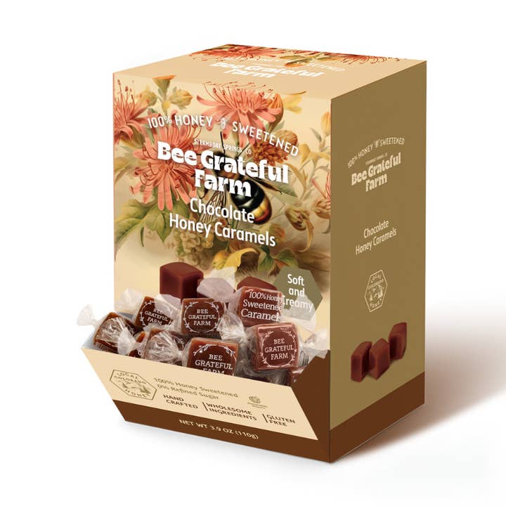 Grab N Go Box - Chocolate- 2#- 80 Pieces for wholesale by Bee Grateful Farm's 100% Honey Sweetened Caramels