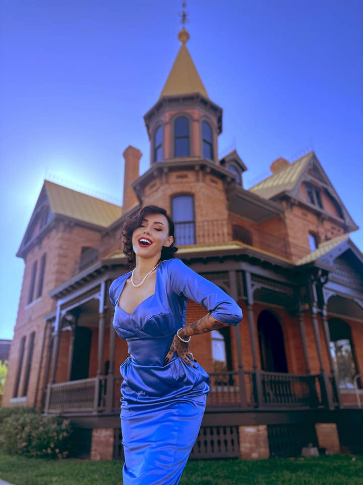 Mona Vintage Vamp Wiggle Dress in Sky Blue Satin | Pinup Couture for wholesale by Pinup Couture