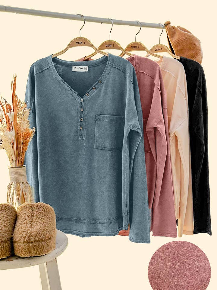 VERY J - Wholesale Knit Top - Women's - NT11795-Mineral Washed Cotton Comfy Knit Top