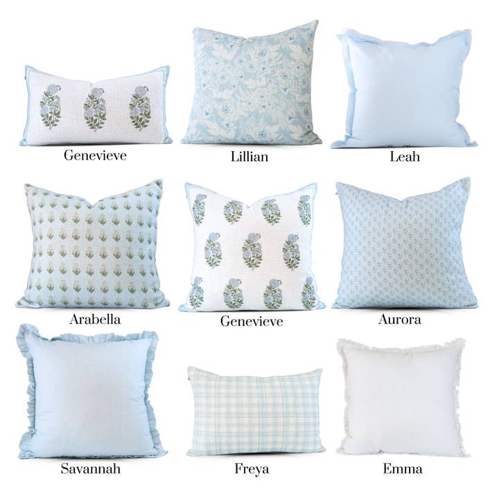 Tajik Home LLC - Wholesale Throw Pillow Cover - Genevieve Block Print Pillow Cover in Sky Blue - Handcrafted
