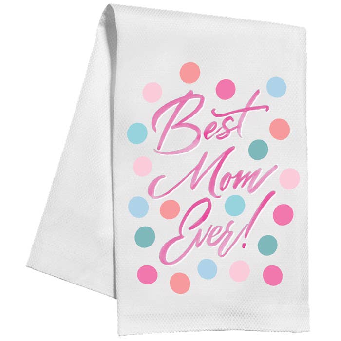 Best Mom Ever Pink with Colorful Polka Dots Kitchen Towel for wholesale by RosanneBeck Collections