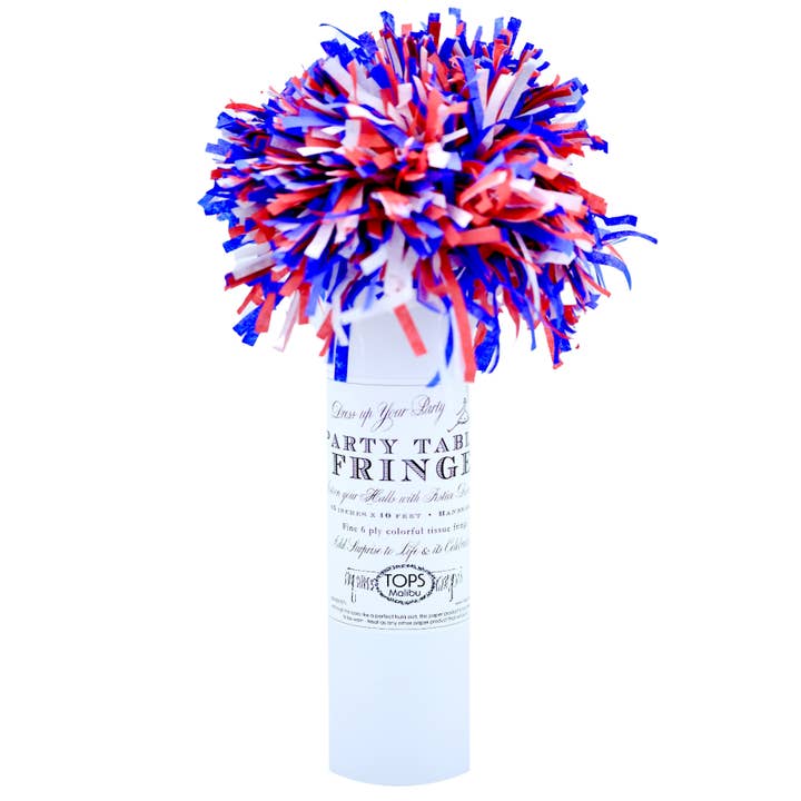 Tavolo da festa 10' x 15" con frange in tessuto - rosso, bianco e blu per la vendita all'ingrosso da parte di TOPS Malibu