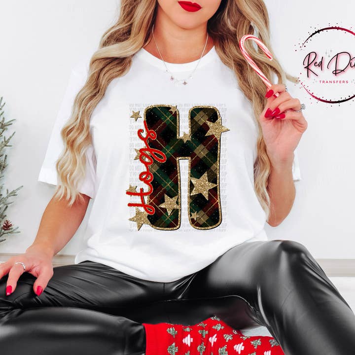 Red Dirt Transfers - Wholesale T-Shirt (Graphic) - Women's - Hogs Christmas Plaid Mascot T-Shirt | Trendy School Spirit Shirt | Fast Shipping | Super Soft Shirts for Men/Women/Kid's0