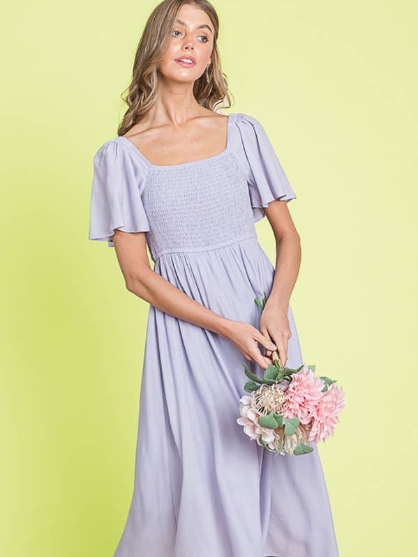 LIME N CHILI - Wholesale Dress - Women's - Smocked Square Neck Flutter Sleeve Midi Dress